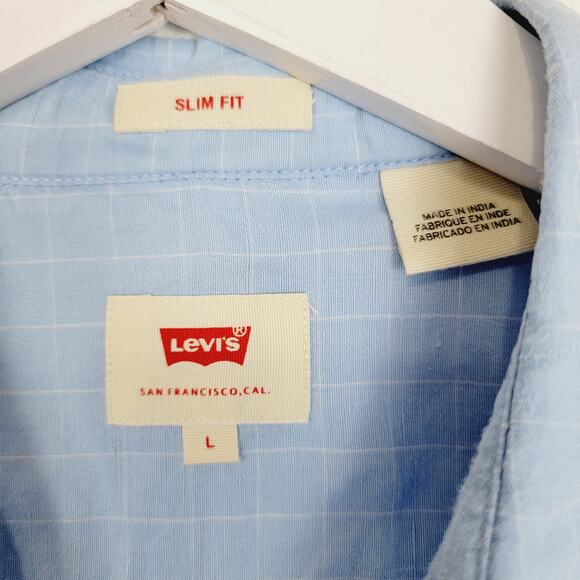 LEVI'S Linen Lyocell Light Blue Windowpane Plaid Slim Fit Button Down Shirt - L - Picture 5 of 6